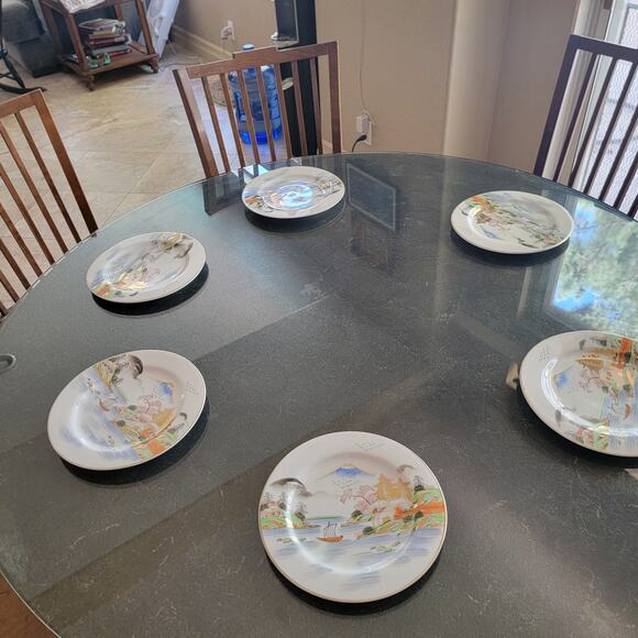 Vintage Japanese Kutani Dinner Plates Mt Fuji Gold Painted Porcelain Set of 6 - Picture 3 of 10